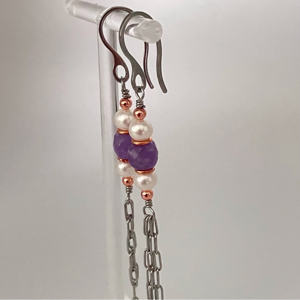 Amethyst Quartz & Freshwater Pearl Tassel Earrings in Copper & Stainless - Picture 5 of 8